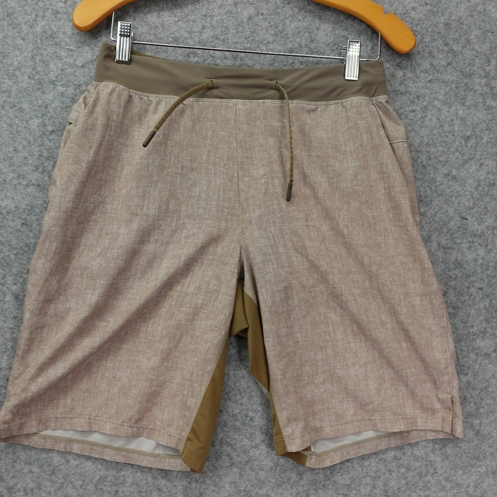 Lululemon Drawstring Shorts Mens S Tan Zip Pocket Stretch Performance Gym 28x9
